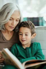 Obraz premium Grandmother reading with grandson on sofa at home together