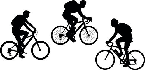 Obraz premium Silhouette of cyclists riding bicycles in different positions, outdoor activity concept, biking sport, adventure travel, fitness and transportation illustration set