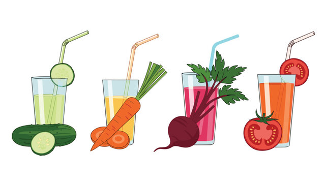 Four glasses of fresh vegetable juices including cucumber, carrot, beet, and tomato with corresponding ingredients and straws.