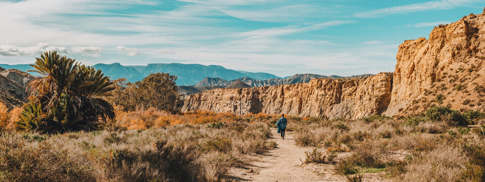 Woman walks on path in mountainous semi desert landscape with vegetation and palm trees under a blue sky with some thin clouds. Desierto de Tabernas, Almeria, Andalusia, Spain.