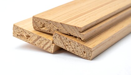 Fototapeta premium Close-up of three stacked rectangular wooden planks, revealing grain texture and end-cut details on a white backdrop