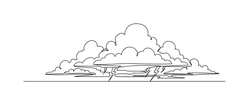Storm Horizon. Minimalistic one-line drawing thunderclouds over distant landscape, continuous single black line on white background, simple outline style, no