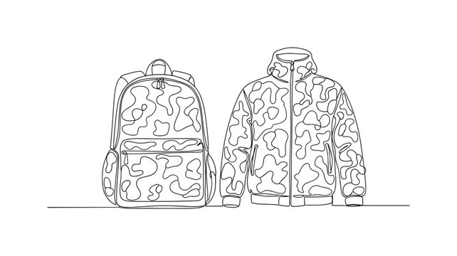Camo Gear. Minimalistic one-line drawing backpack and jacket with camouflage pattern, continuous single black line on white background, simple outline style,