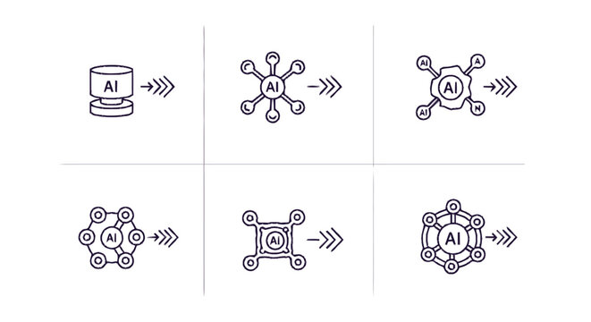 Artificial Intelligence Icons Representing Data Processing and Transformation.