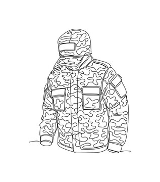 Camouflage Pattern. Minimalistic one-line drawing clothing with typical camo pattern, continuous single black line on white background, simple outline style,