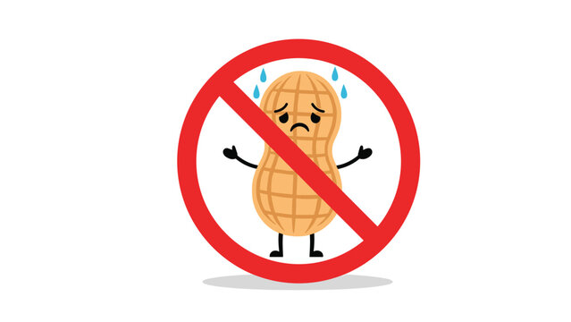 Stop peanut sign with a sad peanut character inside a red forbidden circle for allergy awareness and safety for children.