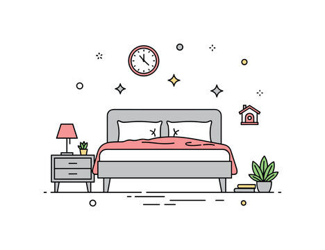 Quiet apartment bedroom scene where a neatly made bed with soft linens sits in a serene space while small sparkle and line icons emphasize restfulness,