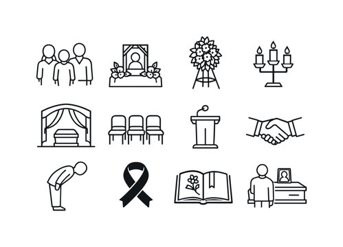 Funeral Gathering. Line icon set of Funeral Gathering: family group, memorial service, flower stand, candle stand, quiet hall, seating rows, podium stand,