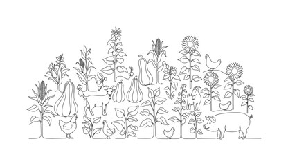 Obraz premium Polyculture Farming. Minimalistic one-line drawing diverse crop plants growing together with small farm animals, continuous single black line on