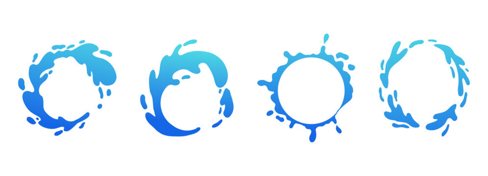 Water puddle splash frame set, liquid shape with drops, abstract blob. Uneven wavy border edge paint, puddle, stain, rounded blot with splashes droplets.