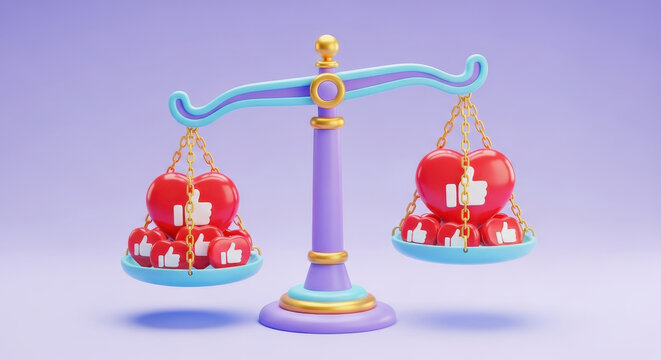 Justice scales with social media icons in a 3d illustration style representing internet law and digital regulations