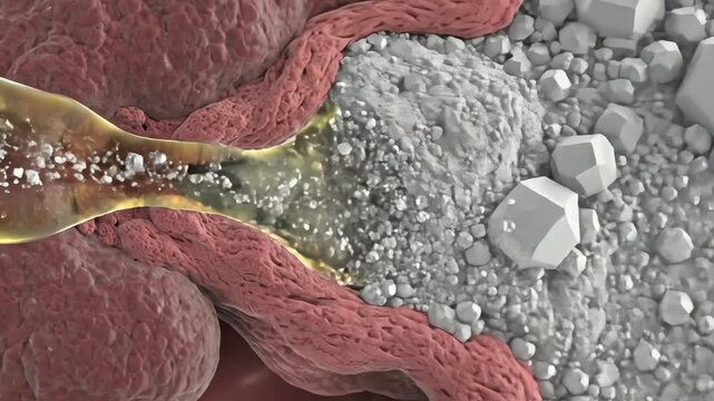 Crystals anchor to roughened areas of tissue and expand like mineral snowflakes. Urine flow continues around them, carrying additional minerals that deposit onto the surface