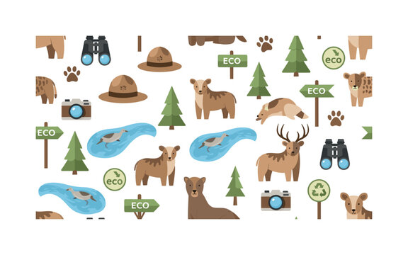 wildlife protection seamless pattern, repeating pattern, surface design, textile print, modern illustration of animals, forests, rivers, endangered species,