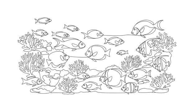 Tropical Reef Life. Minimalistic one-line drawing multiple fish species among corals, continuous single black line on white background, simple outline style,