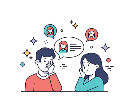 Emotional risks group interaction scene where a person hesitates to share thoughts in a discussion while small sparkle and line icons emphasize vulnerability,