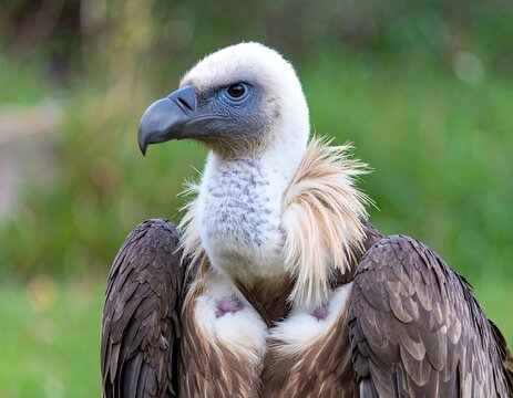 Close-up portrait of a large bird with a white neck ruff, blue skin around the eyes, and a strong, hooked beak