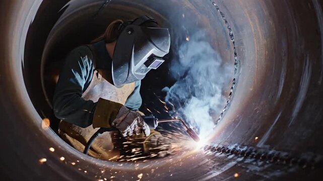 Welder performing intense work inside large metal pipe
