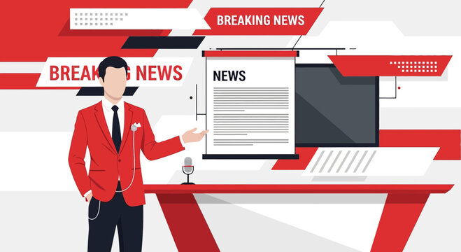 News Anchor Presenting Breaking News on Screen with Modern Studio Background