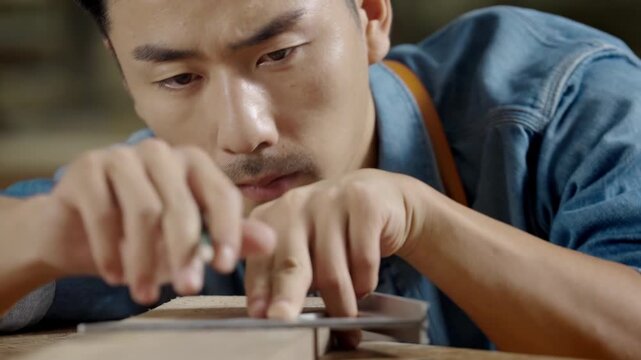 Skilled carpenters handmade craftsman woodworker takes the measure with the carpenter's square trace the cutting line on a wooden table using pencil and Iron ruler draw line on wood surface