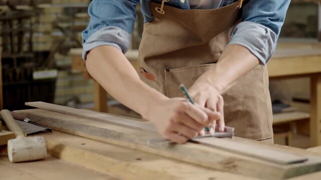 Carpenters handmade woodworker craftsman measuring marking a wood plank, detailed craftsperson drawing precise measurements on wooden surface. Construction industry, housework do it yourself