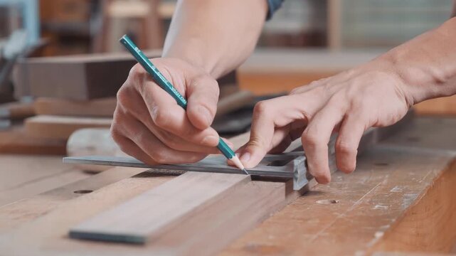 Skilled carpenters handmade craftsman woodworker using pencil and Iron ruler draw line on wood workpiece, drawing precise measurements on wooden surface for furniture manufacturing in workplace