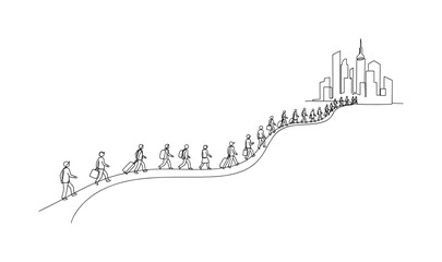 Fototapeta premium Population Flow. Minimalistic one-line drawing people traveling along path toward city towers, continuous single black line on white background, simple outline