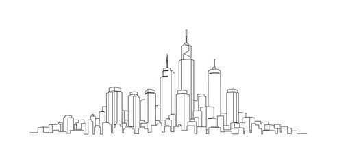 Fototapeta premium Skyline Perspective. Minimalistic one-line drawing city skyline with perspective depth of buildings, continuous single black line on white background, simple