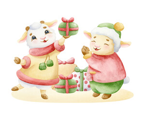 Obraz premium Happy watercolor baby lamb and goat enjoy their Christmas gifts isolated illustration. Cute cartoon animal characters in winter clothes for Happy New year greeting cards and holiday scenes