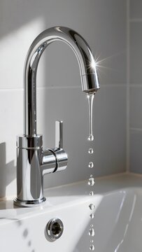 A slow dripping faucet in a clean modern bathroom with water leaking onto the sink, highlighting a common household issue that requires attention and repair to prevent waste and damage.