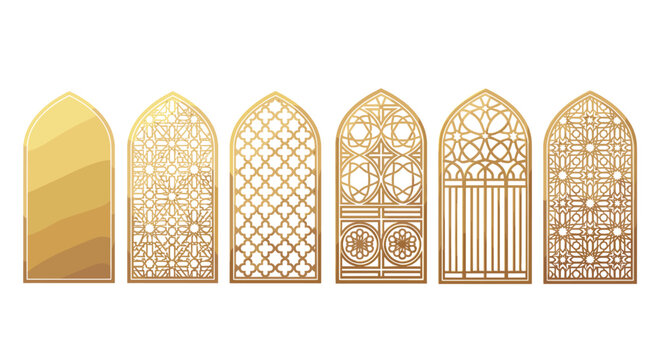 Islamic Window Arch Set with Decorative Arabic Geometric Patterns Traditional Middle Eastern Window Vector Illustration Collection