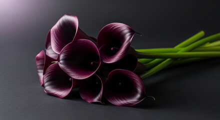Elegant bouquet of dark purple calla lilies with green stems on dark backdrop © Febrian