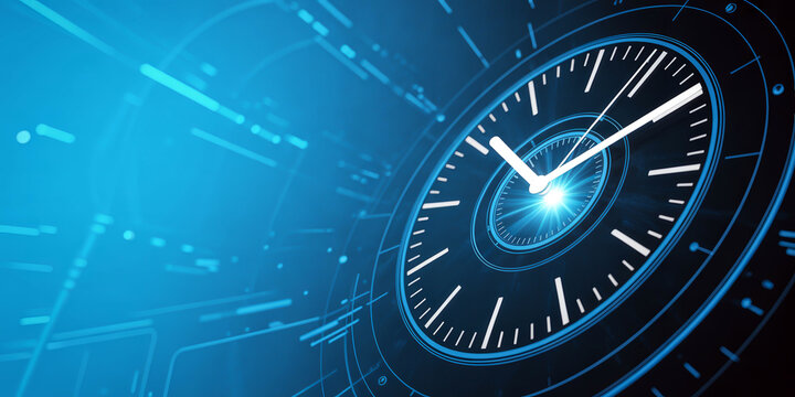 Futuristic digital clock face with glowing bright light in center symbolizing time passing technology and data flow against a dark blue abstract background with glowing lines