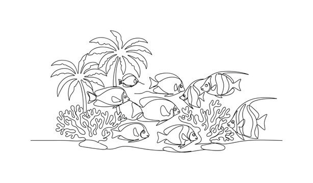 Tropical Fish Scene. Minimalistic one-line drawing colorful fish swimming over coral, continuous single black line on white background, simple outline style,