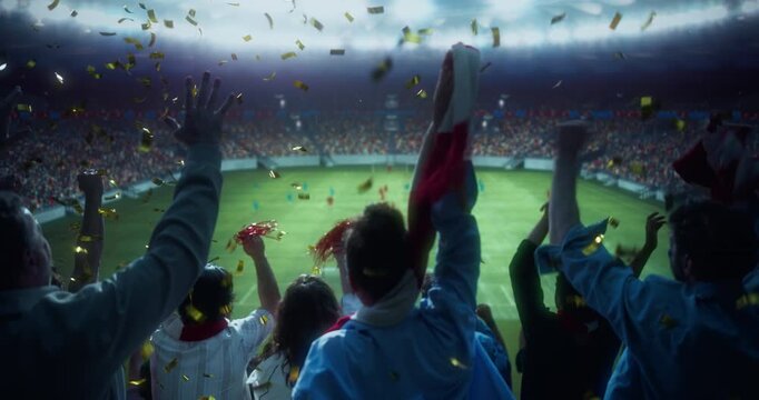 Back View of Diverse Soccer Supporters Celebrating in a Packed Stadium, Lifting Scarves and Victory Props as Confetti Falls During a World Championship Match Field. Blue Cinematic Theme