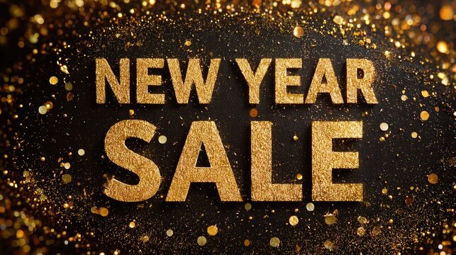 A gold glittery New Year's sale sign on a black background with confetti
