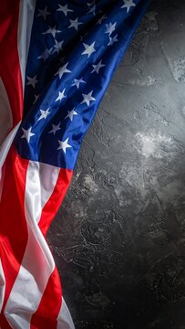 Close-up shot of the American flag draped on a textured, dark gray surface. Stripes and stars are clearly visible