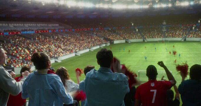 Back View of Diverse Soccer Supporters in a Packed Stadium Celebrating a Professional International Championship, Waving Scarves and Victory Props, Clapping, Raising Arms as Game Unfolds Field