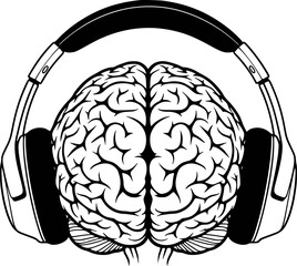 Black and white of a human brain wearing large over ear headphones listening music © Mehazabien