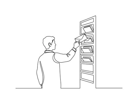 Mail Sorting System. Minimalistic one-line drawing person placing envelopes into specific slots, continuous single black line on white background, simple