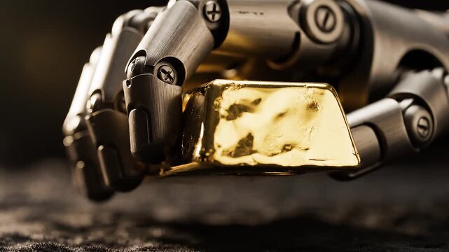 Close-up of metallic fingers gripping abstract gold bars