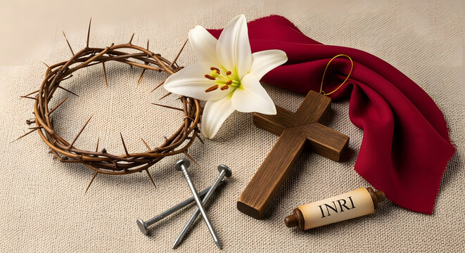 A scroll, wooden cross, lily flower, nails, red cloth, and nails shot in still life on a brown background