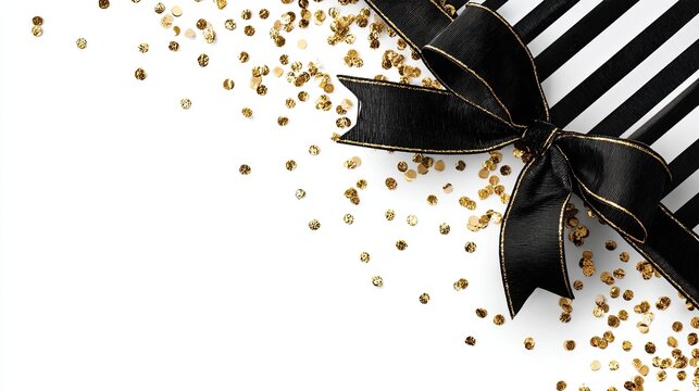 A beautifully wrapped gift with a black ribbon and gold confetti on a white background