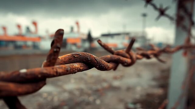 Barbed wire fence marking area with no entry in an industrial location during overcast weather