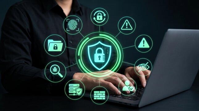 Cybersecurity, Data protection, Network security, Digital privacy, Internet safety, Firewall, Encryption. Professional typing on laptop with futuristic glowing security icons.