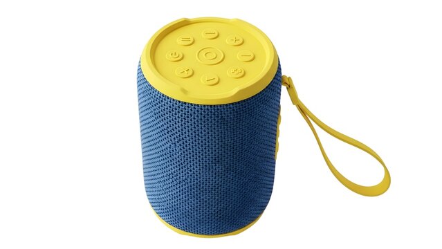 A blue and yellow portable waterproof Bluetooth speaker on transparent background