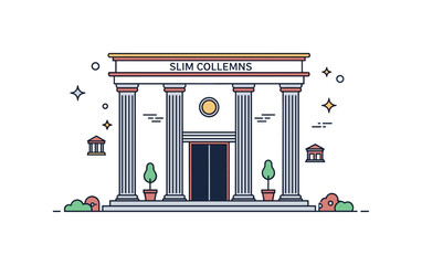 Fototapeta premium Slim columns minimalist facade scene where narrow columns line a building entrance while small sparkle and line icons emphasize symmetry, structure, and