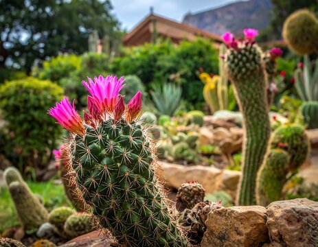 Close-up of spiky green cactus with vibrant pink blooms. Other cacti and green foliage surround, with a house in the backdrop, under an overcast sky