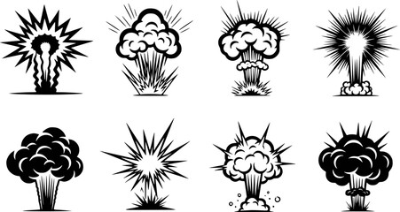 Collection of black and white explosion cloud a white background blast boom © Mehazabien