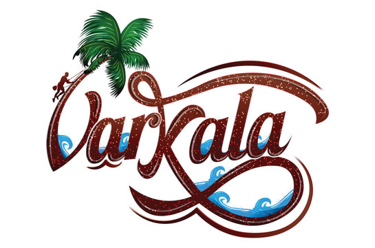 Varkala beach Kerala typography vector illustration with coconut tree and sea waves
