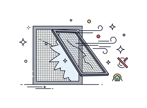 Broken window screen windy day scene where a screen flap moves in the breeze while small sparkle and line icons emphasize risk, attention, and delicate